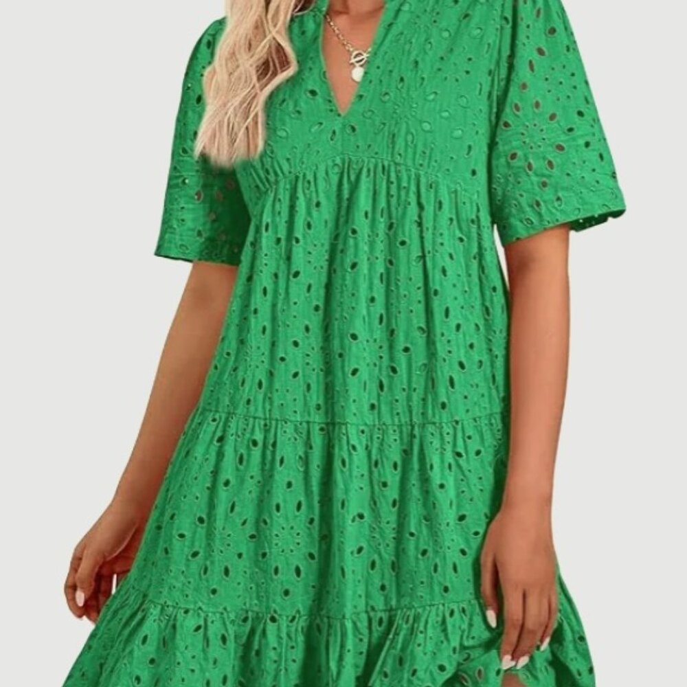 Women's V Neck Short Sleeve Hollow Out Mini Vacation Dress